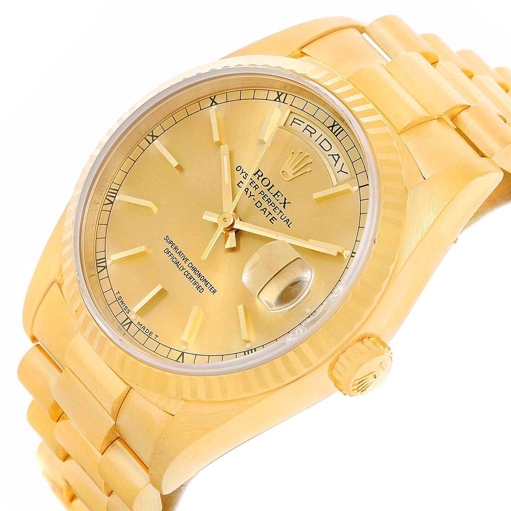 The image shows a side and front angle of the Rolex President 18238 Men's Yellow Gold Champagne Dial 18238 Men's Yellow Gold Champagne Dial model watch, displaying its dial, case, crown, and bracelet.