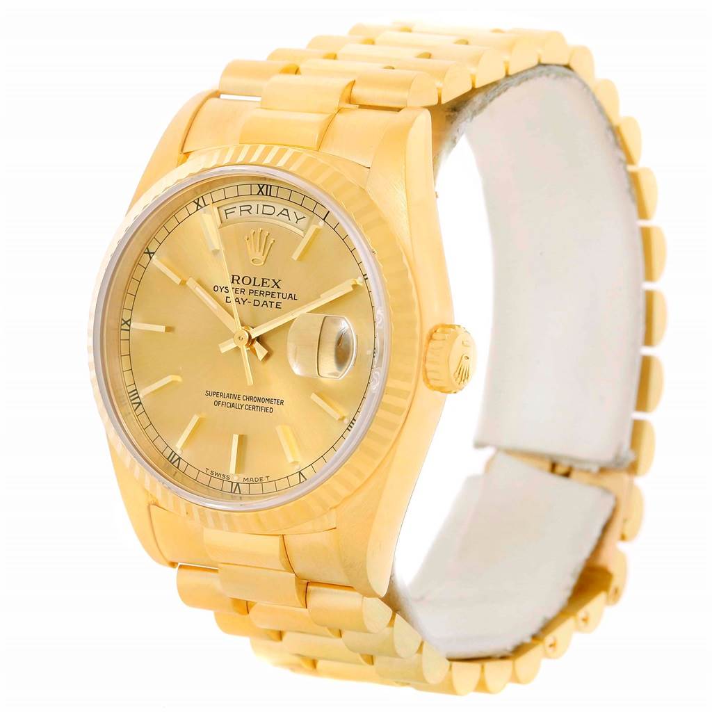 The image shows a Rolex President 18238 Men's Yellow Gold Champagne Dial 18238 Men's Yellow Gold Champagne Dial model watch from an angled view, highlighting the dial, bezel, crown, and bracelet.