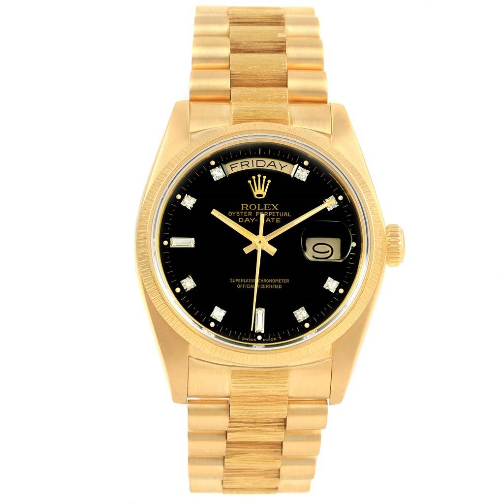 The image shows a frontal view of a Rolex President 18078 Men's Yellow Gold Black Dial 18078 Men's Yellow Gold Black Dial model watch, including the face, bezel, case, and bracelet.