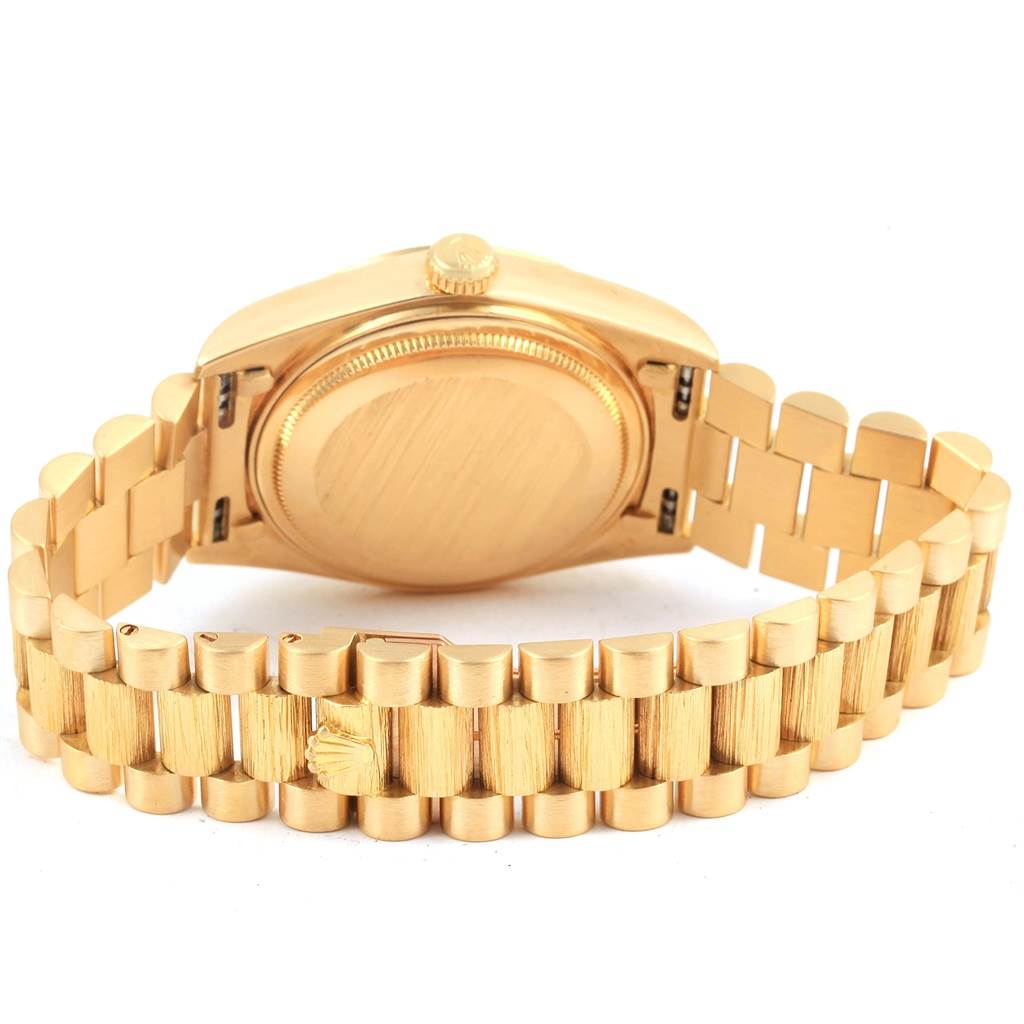 The image shows the back of a Rolex President 18078 Men's Yellow Gold Black Dial 18078 Men's Yellow Gold Black Dial model watch, highlighting the bracelet and caseback.