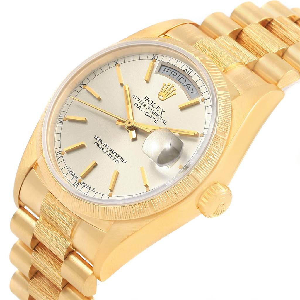 The image shows a Rolex President 18078 Men's Yellow Gold Silver Dial 18078 Men's Yellow Gold Silver Dial model watch at an angled view, highlighting the gold bracelet, dial, and day-date feature.