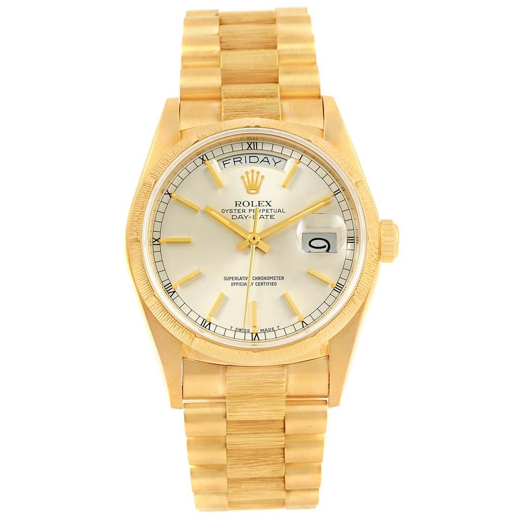 The image shows a front view of a Rolex President 18078 Men's Yellow Gold Silver Dial 18078 Men's Yellow Gold Silver Dial model watch, showcasing its gold bracelet, dial, and crown.