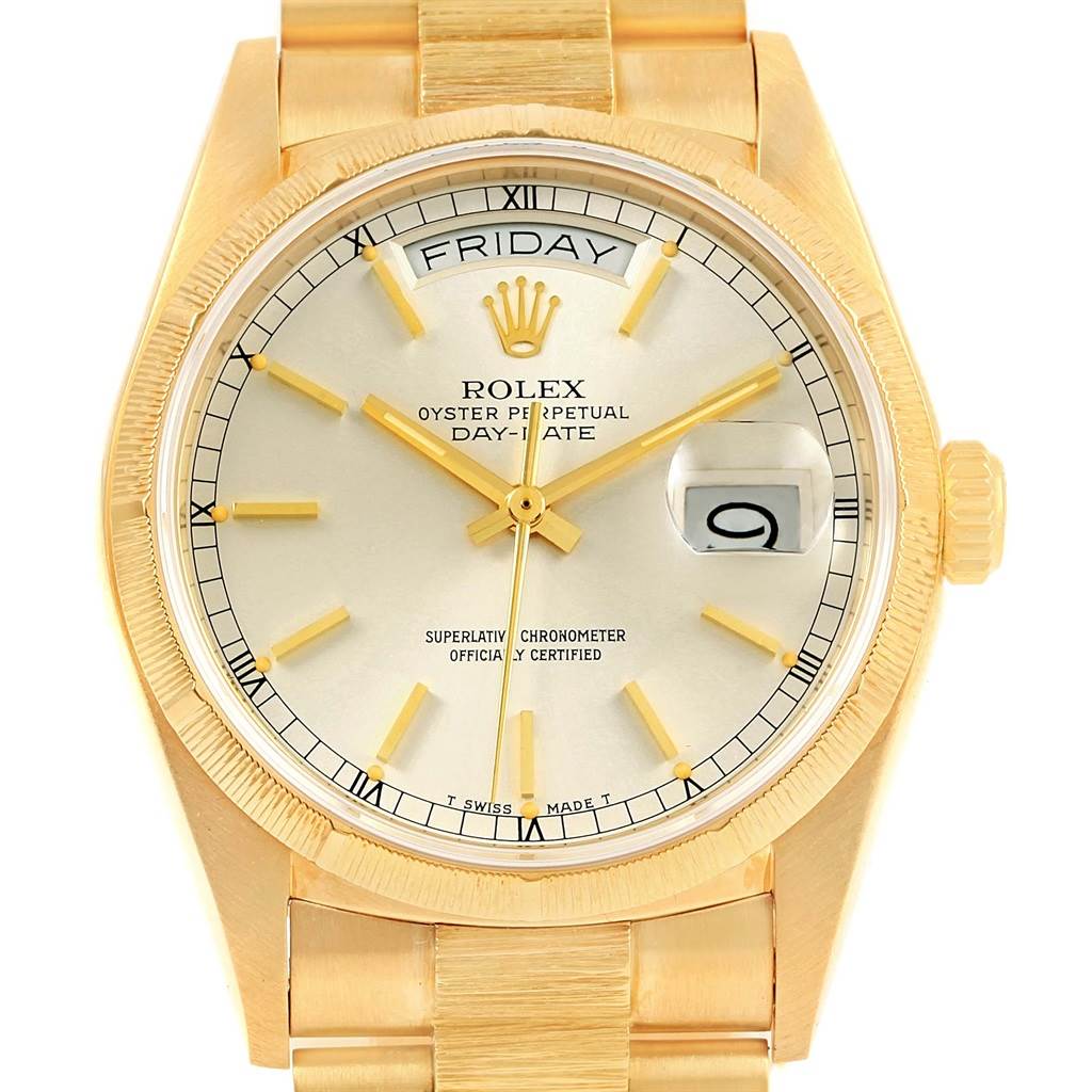 The image displays the Rolex President 18078 Men's Yellow Gold Silver Dial 18078 Men's Yellow Gold Silver Dial model watch from the front, showing the face, hands, day-date display, and part of the bracelet.