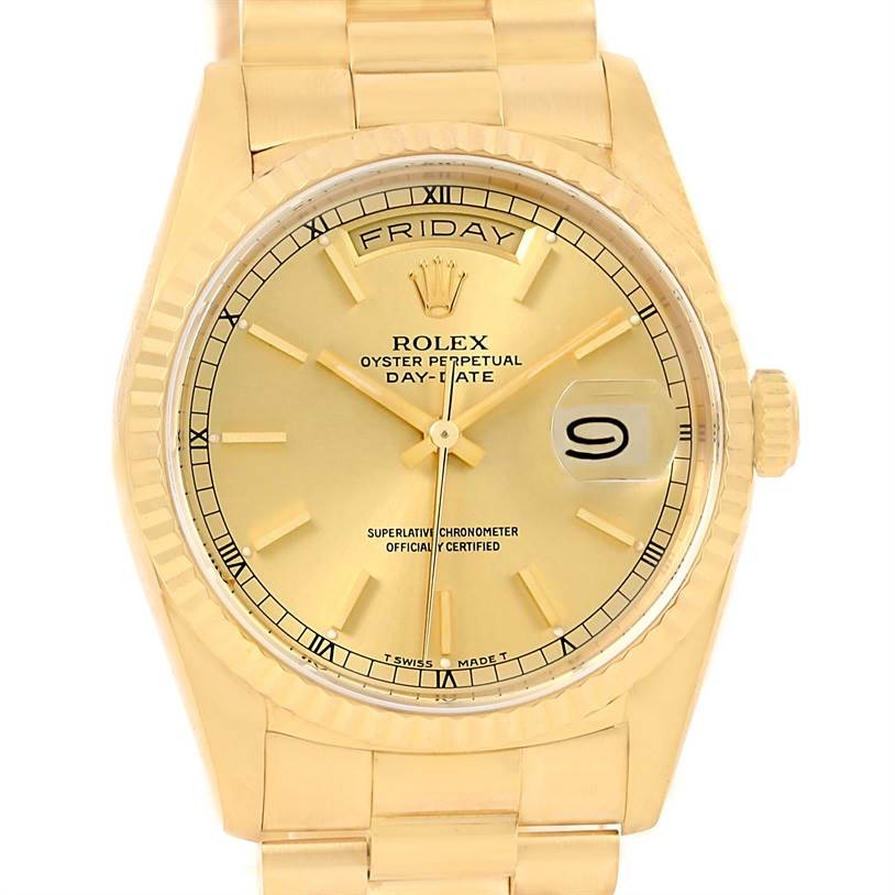 The image shows a frontal view of the Rolex President 18238 Men's Yellow Gold Champagne Dial 18238 Men's Yellow Gold Champagne Dial model watch, displaying its dial, hands, date window, and bracelet.