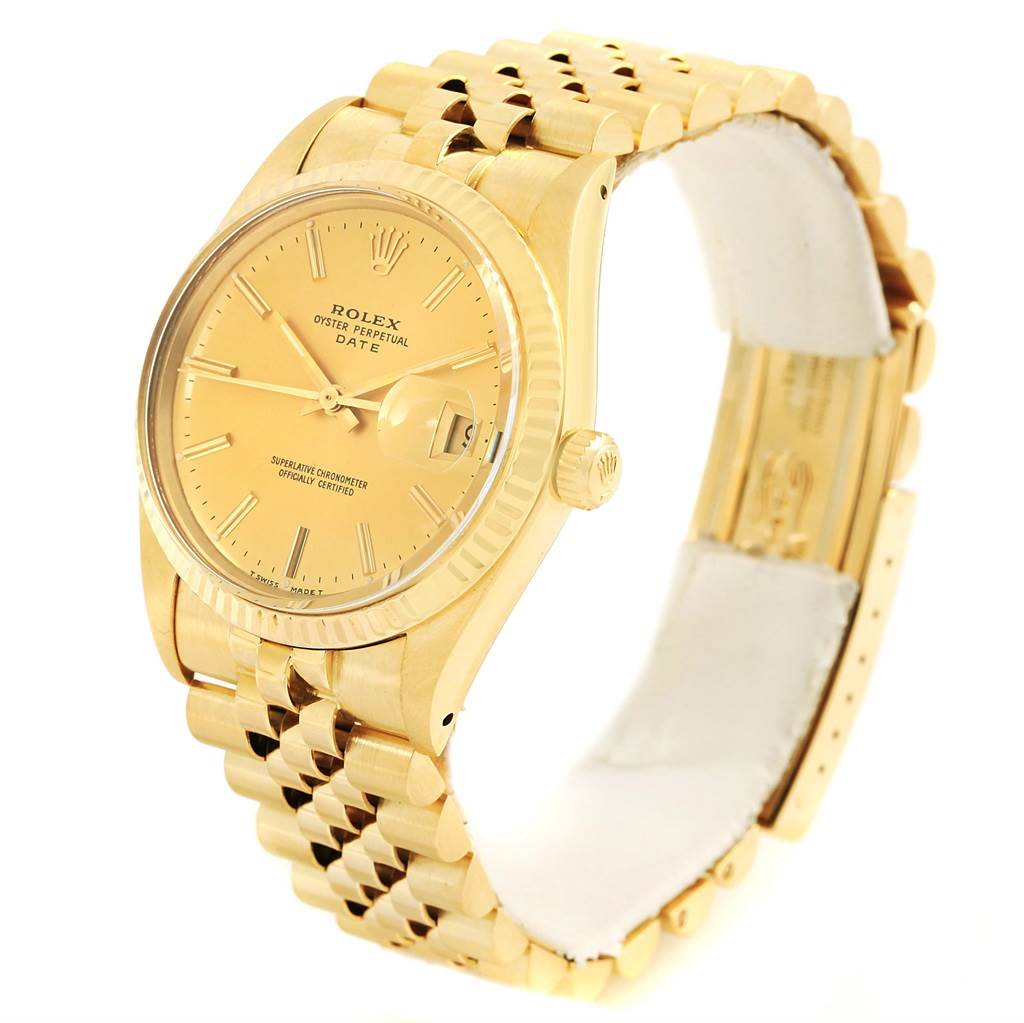 This image shows a Rolex President 15007 Men's Yellow Gold Champagne Dial 15007 Men's Yellow Gold Champagne Dial model watch at a three-quarter angle, highlighting the face, bezel, crown, and band.