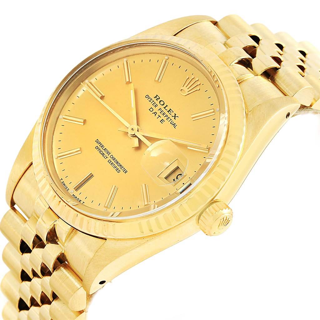 This image shows a side angle of the Rolex President 15007 Men's Yellow Gold Champagne Dial 15007 Men's Yellow Gold Champagne Dial model watch, featuring the gold dial, date display, case, crown, and bracelet.