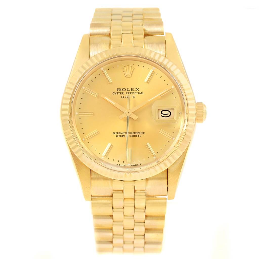 The Rolex President 15007 Men's Yellow Gold Champagne Dial 15007 Men's Yellow Gold Champagne Dial model watch is shown from a top-down angle, displaying its gold case, dial, bracelet, and date window.