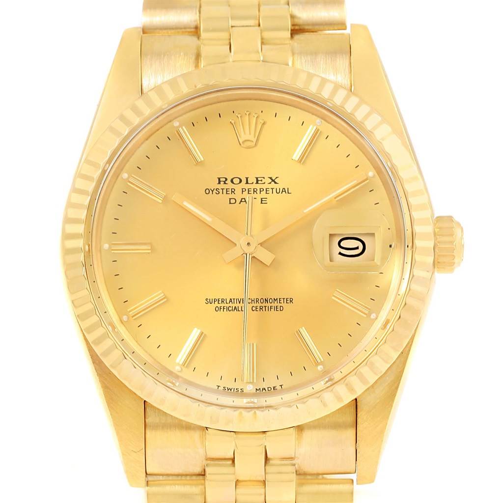 The image shows a frontal view of a Rolex President 15007 Men's Yellow Gold Champagne Dial 15007 Men's Yellow Gold Champagne Dial model watch, highlighting the dial, date window, and bracelet.