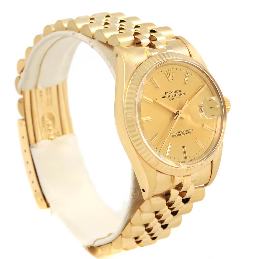 The image shows a side view of the Rolex President 15007 Men's Yellow Gold Champagne Dial 15007 Men's Yellow Gold Champagne Dial model, highlighting the gold case, fluted bezel, and President bracelet.