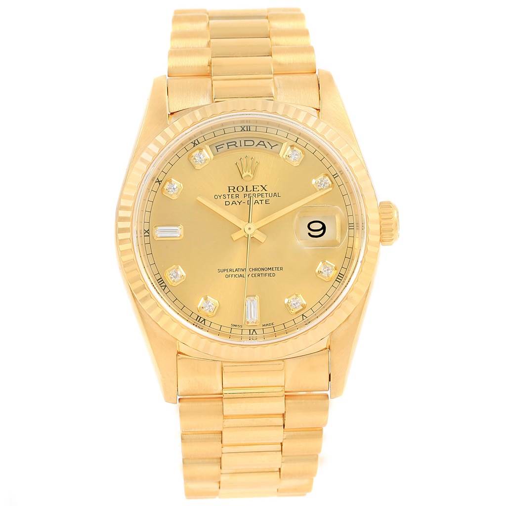 The image shows a front view of a Rolex President 18238 Men's Yellow Gold Champagne Dial 18238 Men's Yellow Gold Champagne Dial watch, featuring its gold case, bracelet, and diamond hour markers.