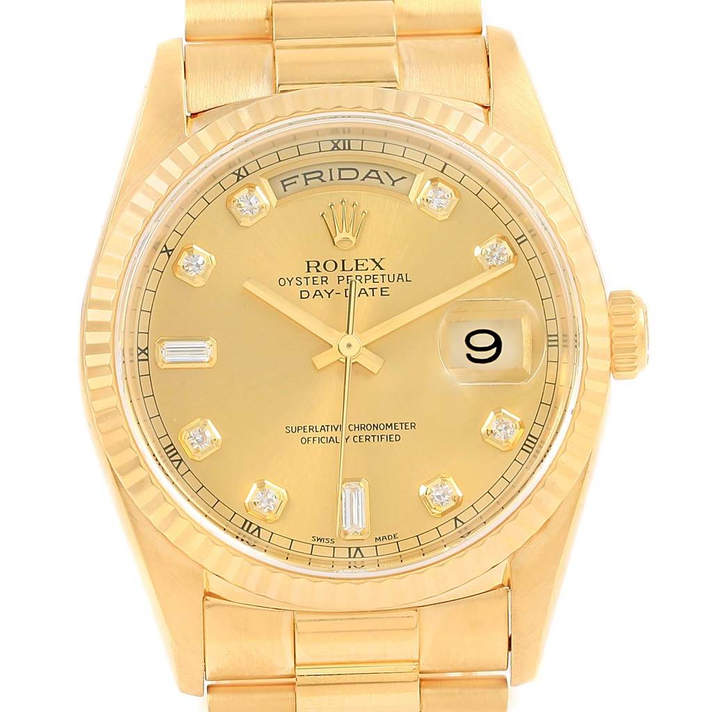 The image shows a front view of a Rolex President 18238 Men's Yellow Gold Champagne Dial 18238 Men's Yellow Gold Champagne Dial model watch, displaying the dial, bracelet, and date window.