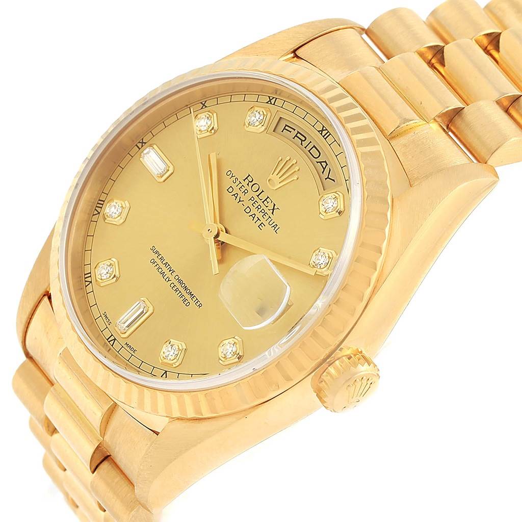 The image shows a Rolex President 18238 Men's Yellow Gold Champagne Dial 18238 Men's Yellow Gold Champagne Dial model watch from a three-quarter angle, displaying its bezel, dial, indices, hands, crown, and bracelet.