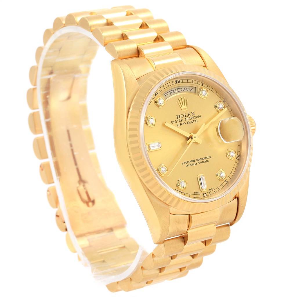 The image shows a side and frontal view of the Rolex President 18238 Men's Yellow Gold Champagne Dial 18238 Men's Yellow Gold Champagne Dial model watch, highlighting its gold tone and bracelet.