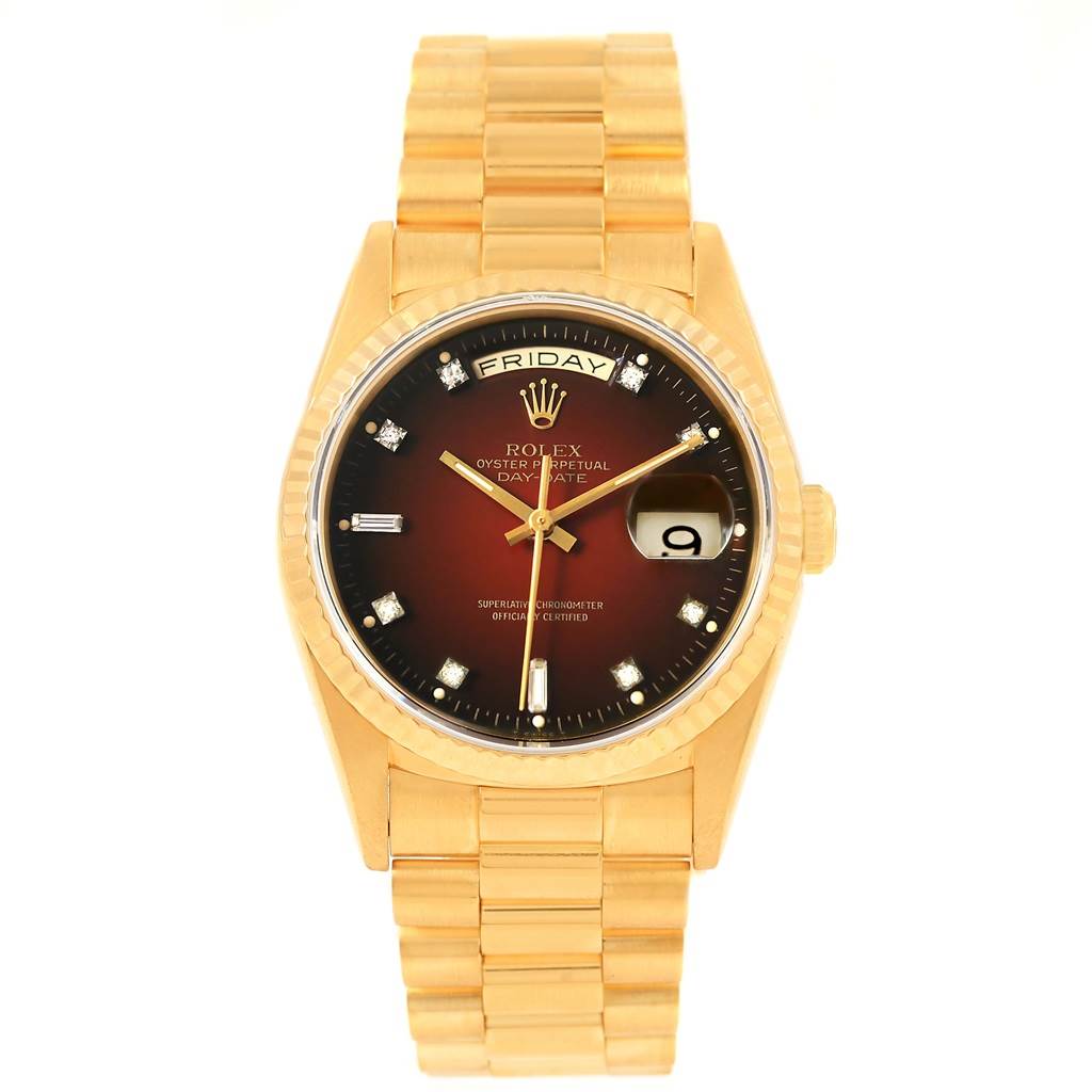 This Rolex President 18238 Men's Yellow Gold Brown Dial 18238 Men's Yellow Gold Brown Dial model watch is shown from a front angle, displaying its face, bezel, and bracelet.