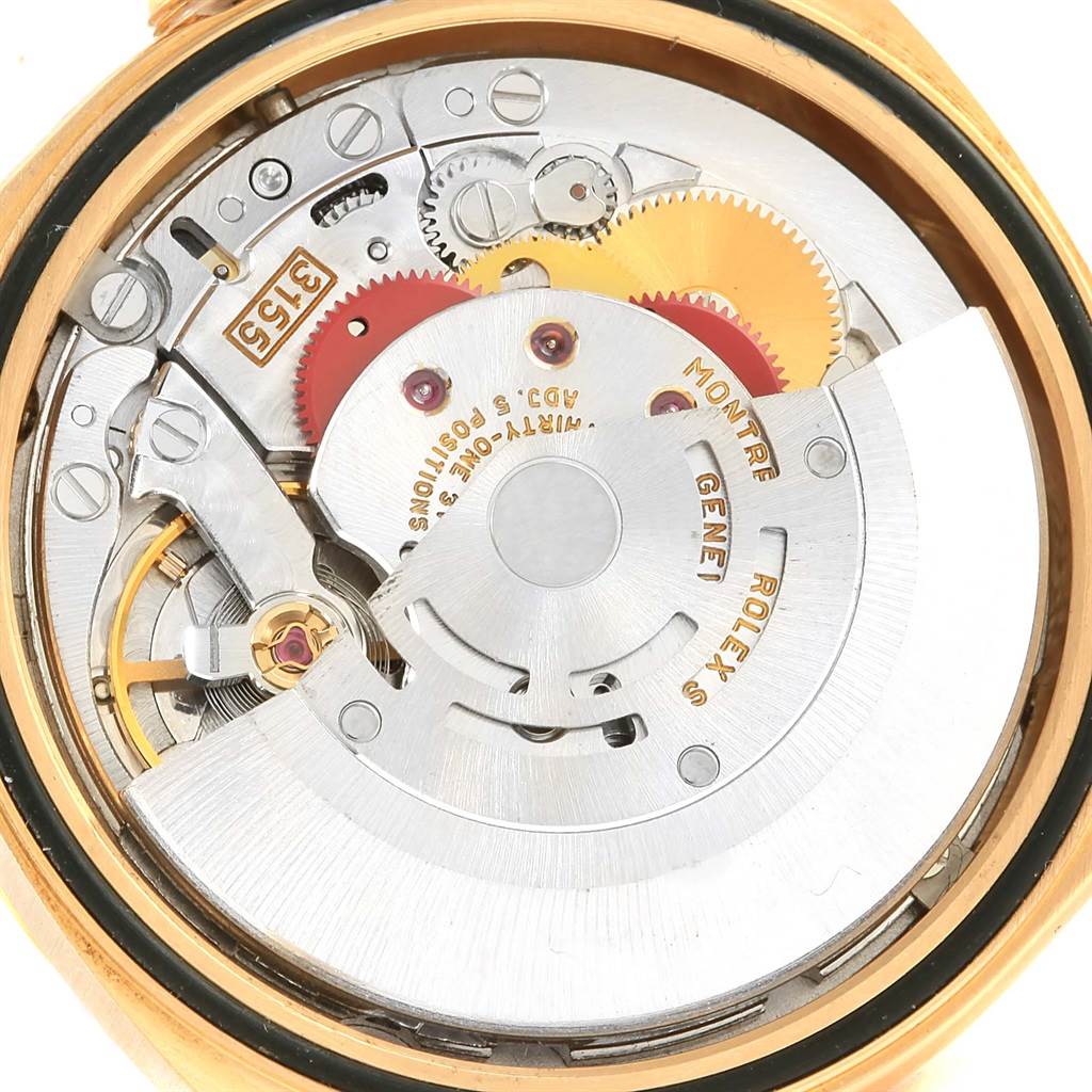 This image shows the inner mechanical components of the Rolex President 18238 Men's Yellow Gold Brown Dial 18238 Men's Yellow Gold Brown Dial model watch from a back angle.