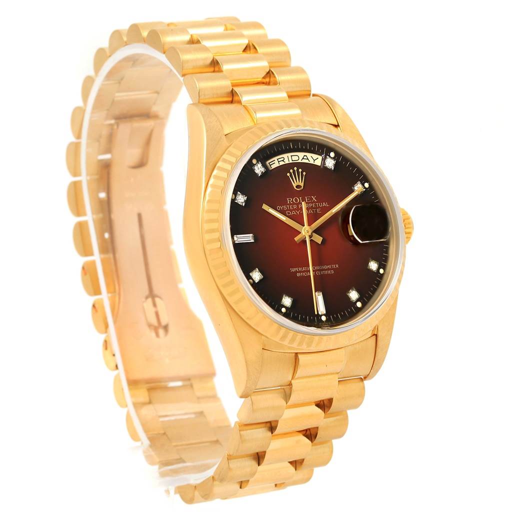 The image shows a side angle of a Rolex President 18238 Men's Yellow Gold Brown Dial 18238 Men's Yellow Gold Brown Dial model watch, highlighting the band and face.