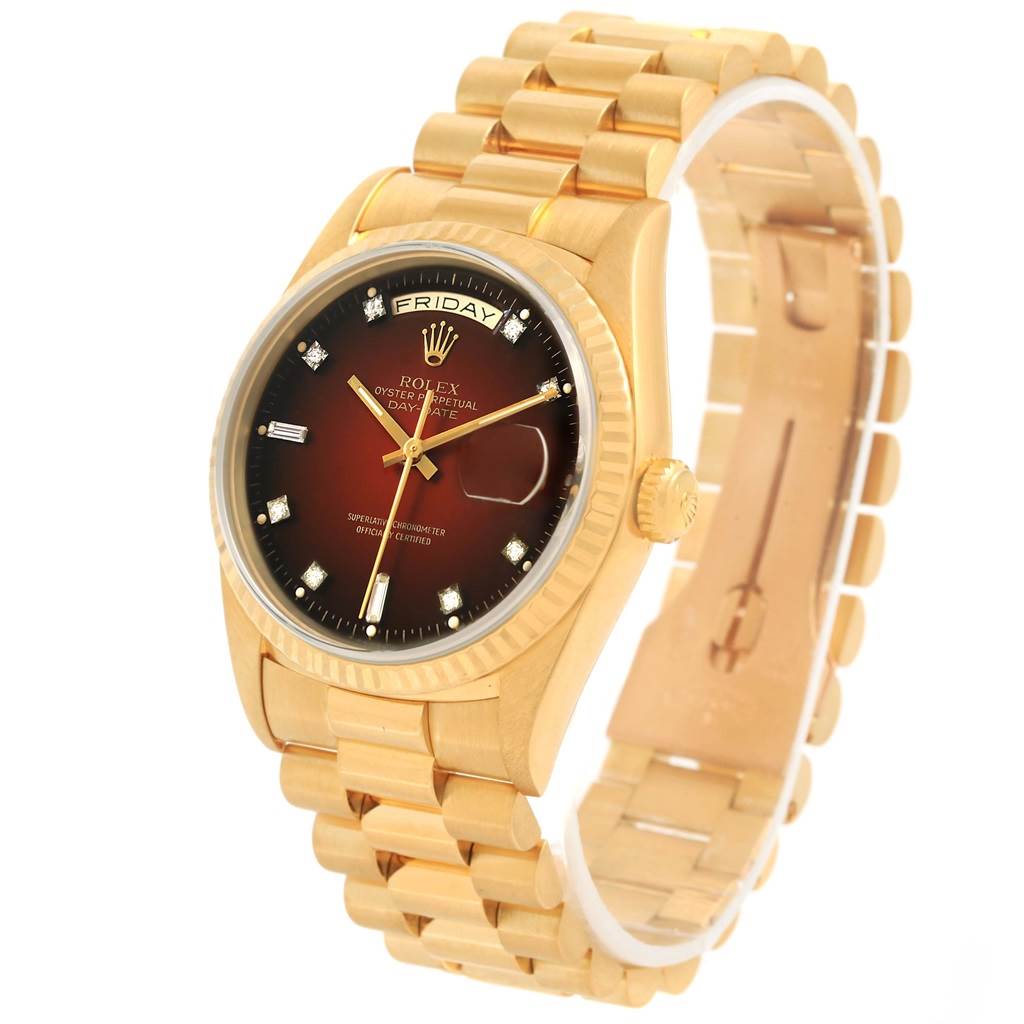 The image shows a Rolex President 18238 Men's Yellow Gold Brown Dial 18238 Men's Yellow Gold Brown Dial model watch with a gold bracelet and a brown dial, viewed from a 3/4 angle.