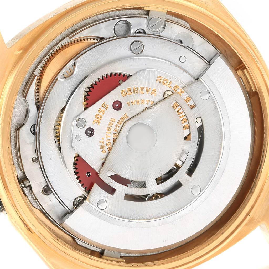 The image shows the internal mechanical movement of a Rolex President 18078 Men's Yellow Gold Brown Dial 18078 Men's Yellow Gold Brown Dial model watch from a top-down angle.