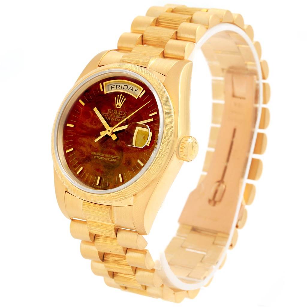 The image shows a Rolex President 18078 Men's Yellow Gold Brown Dial 18078 Men's Yellow Gold Brown Dial model watch angled to display the dial, bezel, crown, and bracelet.