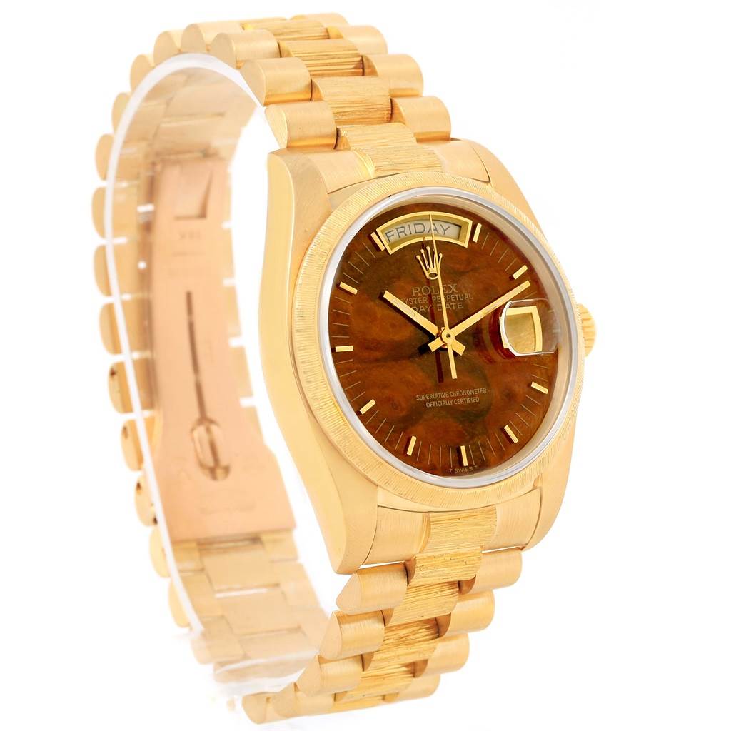 The image shows a Rolex President 18078 Men's Yellow Gold Brown Dial 18078 Men's Yellow Gold Brown Dial model watch from a slight side angle, highlighting the dial, case, and part of the bracelet.