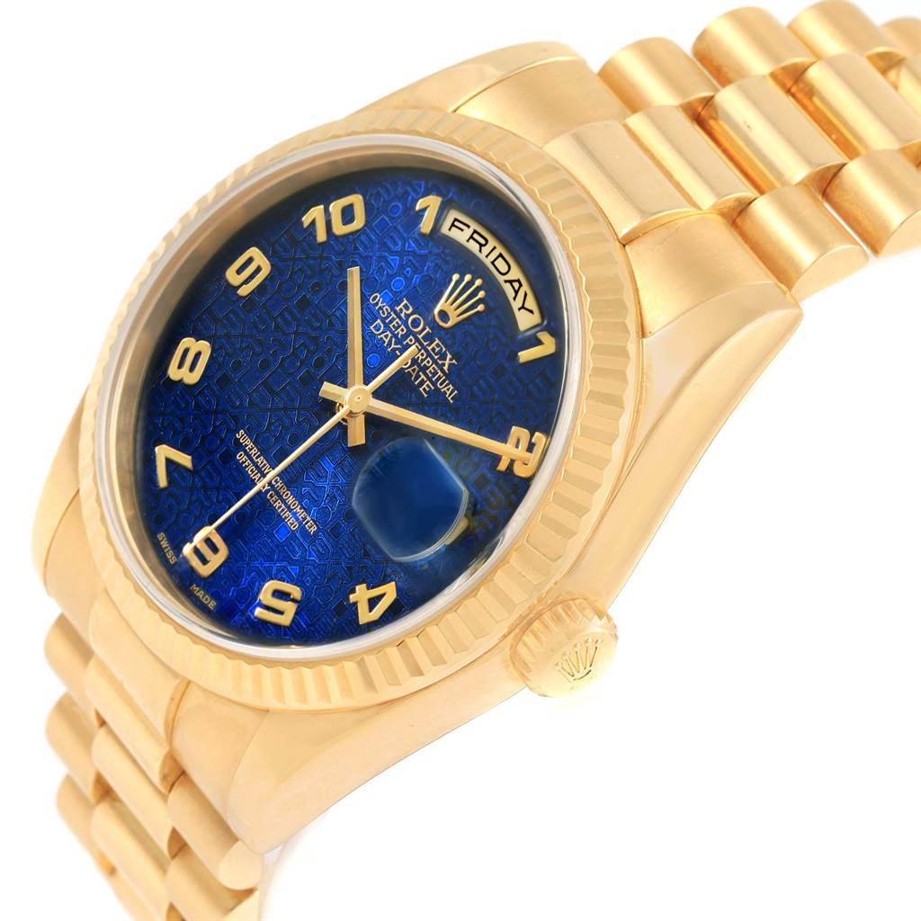 The image shows a Rolex President 118238 Men's Yellow Gold Blue Dial 118238 Men's Yellow Gold Blue Dial model watch from an angled top perspective, highlighting the blue dial, day/date display, and gold bracelet.