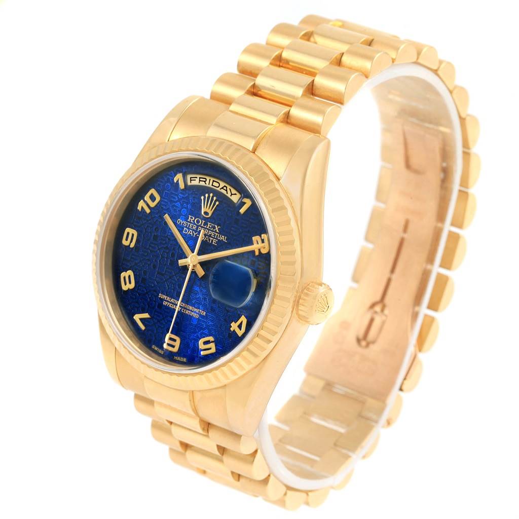 This is a Rolex President 118238 Men's Yellow Gold Blue Dial 118238 Men's Yellow Gold Blue Dial watch, shown from a three-quarter angle displaying its gold case, bracelet, and blue dial.