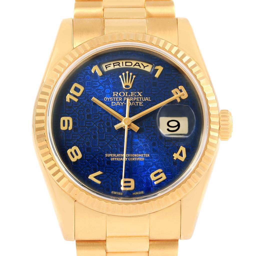 The image shows a front view of a Rolex President 118238 Men's Yellow Gold Blue Dial 118238 Men's Yellow Gold Blue Dial model, highlighting its blue dial, gold casing, and day-date display.
