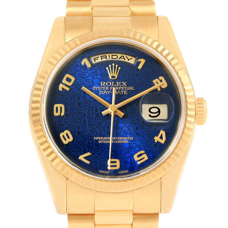 Rolex President Day-Date Blue Jubilee Dial Yellow Gold Mens Watch 118238 SwissWatchExpo
