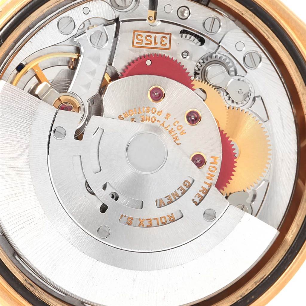 The image shows a close-up view of the internal movement mechanism of a Rolex President 118238 Men's Yellow Gold Blue Dial 118238 Men's Yellow Gold Blue Dial model watch.