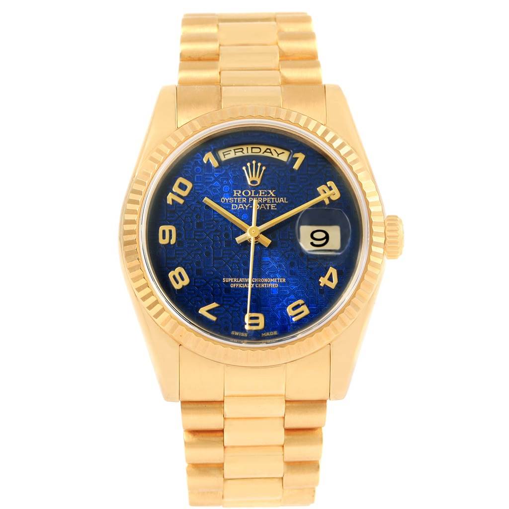 The Rolex President 118238 Men's Yellow Gold Blue Dial 118238 Men's Yellow Gold Blue Dial model watch is shown from a straight-on angle, displaying its blue dial, day-date feature, and gold band.