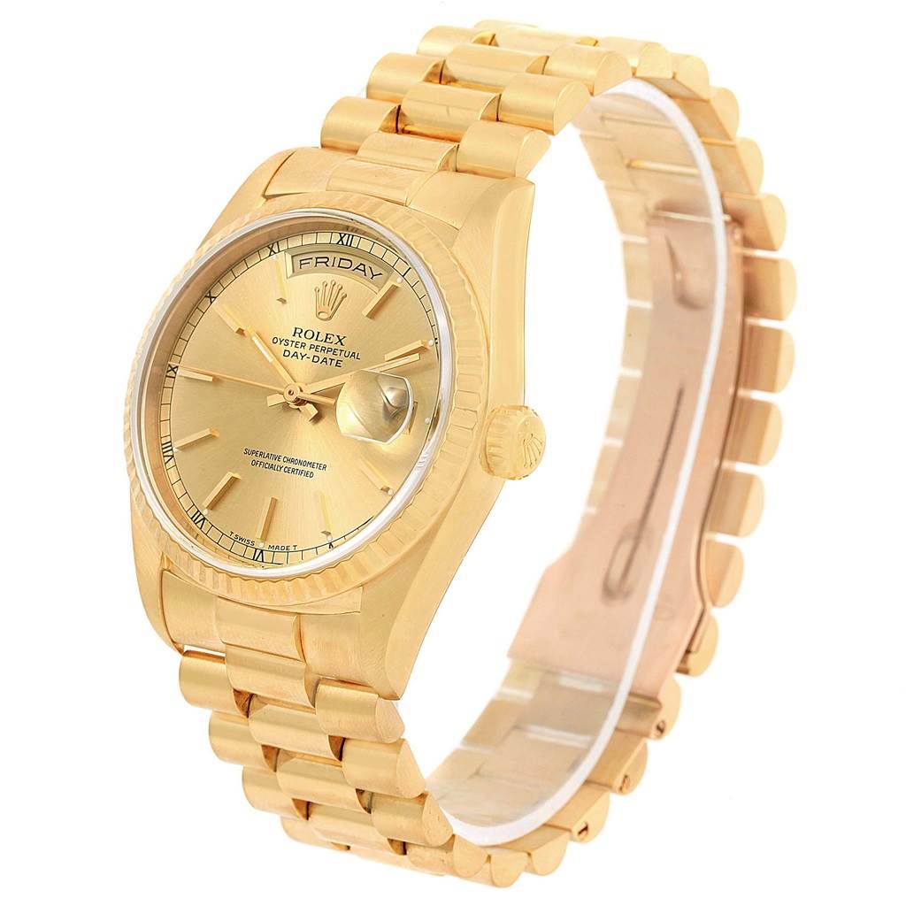 This image shows the Rolex President 18238 Men
s Yellow Gold Champagne Dial 18238 Men
s Yellow Gold Champagne Dial model watch at a slight angle, revealing its dial, case, bracelet, and clasp.