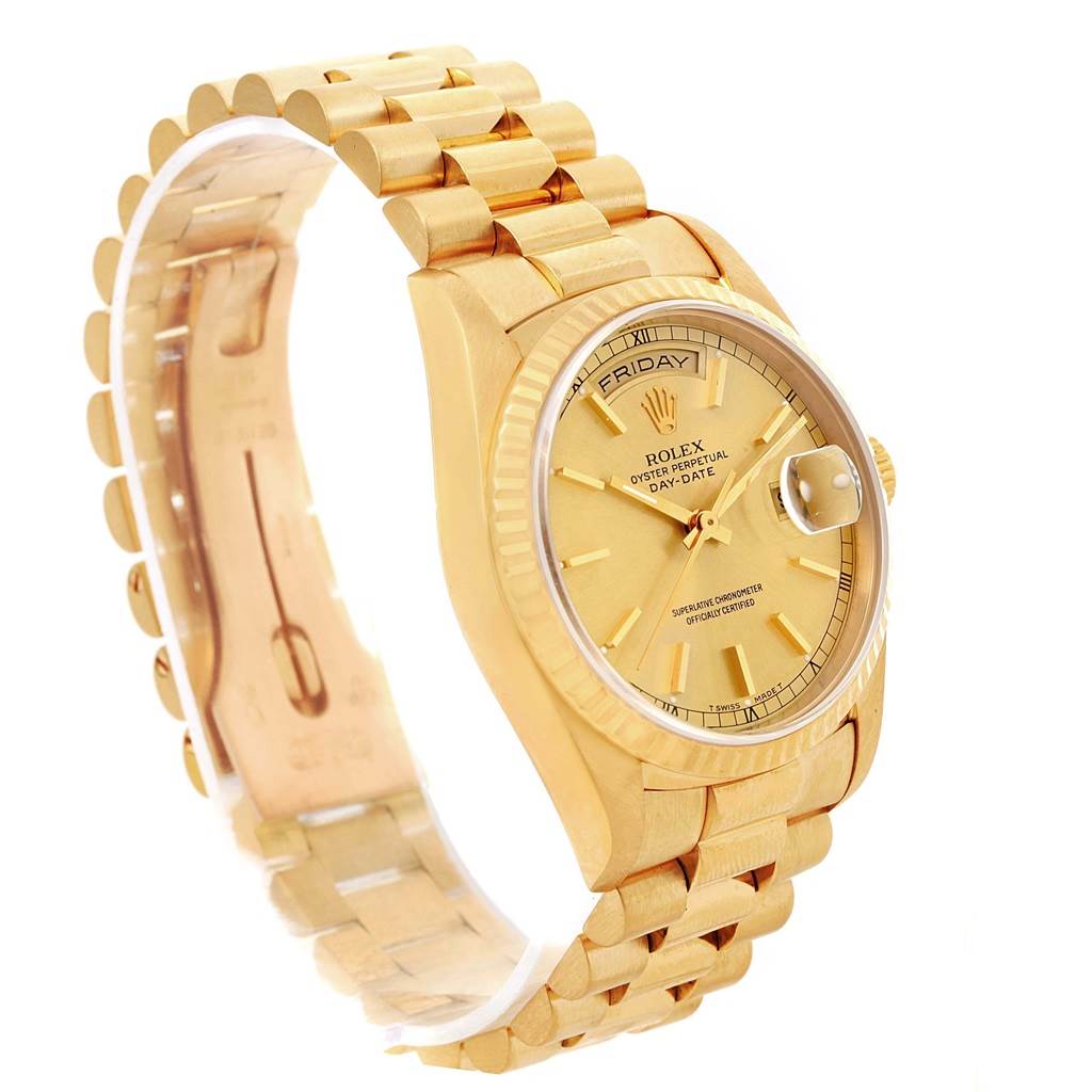 The image shows a side angle of a Rolex President 18238 Men
s Yellow Gold Champagne Dial 18238 Men
s Yellow Gold Champagne Dial watch, focusing on the gold case, dial, and bracelet.