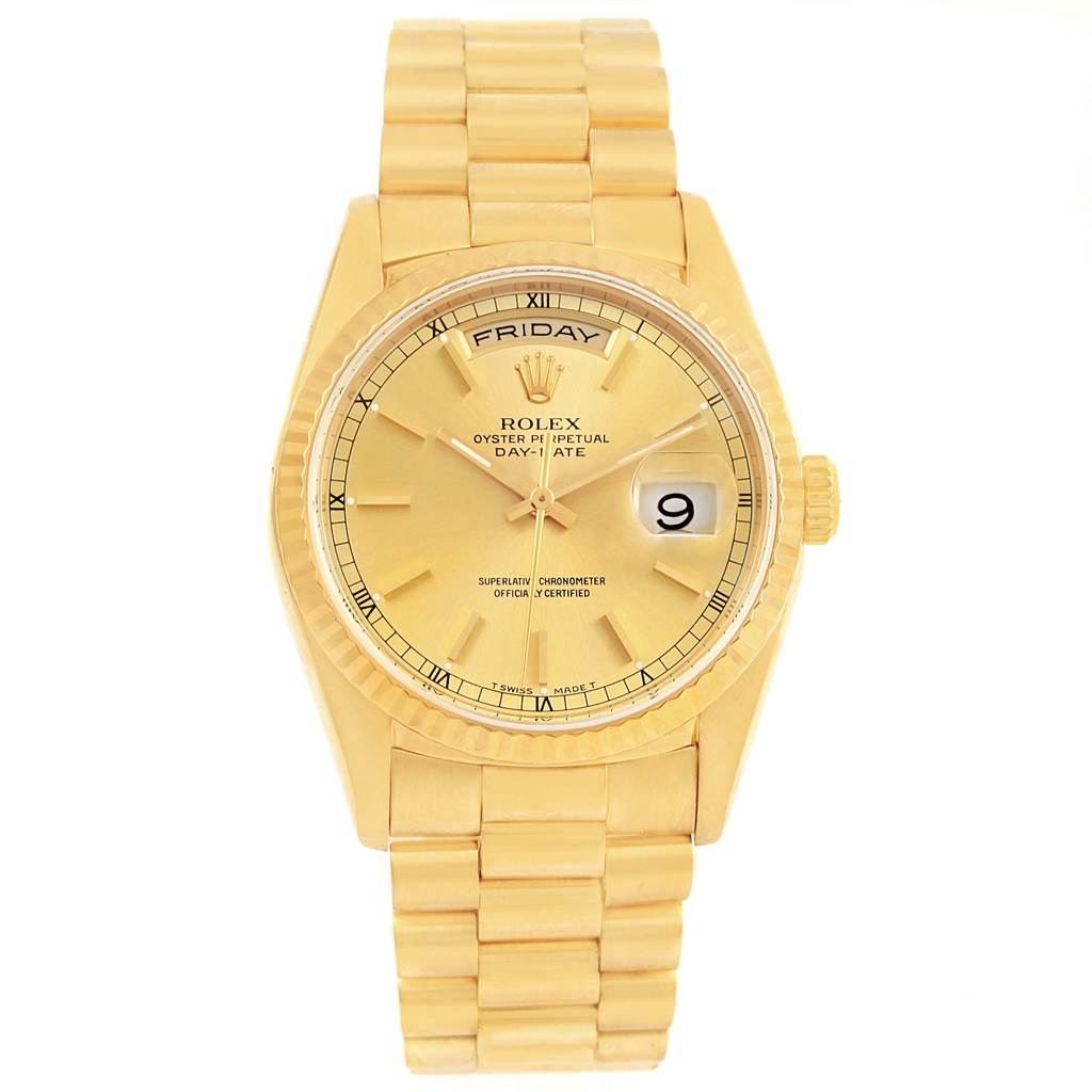 The Rolex President 18238 Men
s Yellow Gold Champagne Dial 18238 Men
s Yellow Gold Champagne Dial model watch is shown from the front angle, showcasing the dial, bezel, bracelet, and crown.