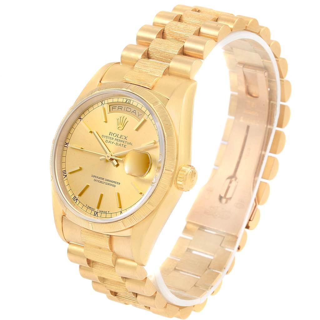 The image shows an angled view of a Rolex President 18248 Men
s Yellow Gold Champagne Dial 18248 Men
s Yellow Gold Champagne Dial model watch, highlighting its gold case, dial, and bracelet.