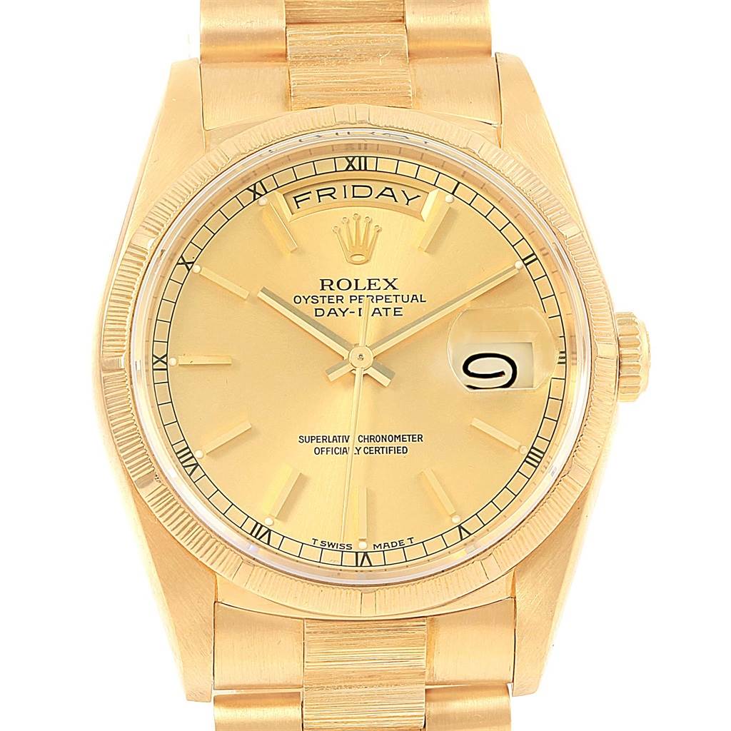 This image shows a front view of the Rolex President 18248 Men
s Yellow Gold Champagne Dial 18248 Men
s Yellow Gold Champagne Dial Day-Date model, highlighting its face, bezel, and part of the bracelet.