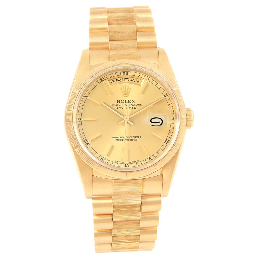 This image shows a frontal view of a Rolex President 18248 Men
s Yellow Gold Champagne Dial 18248 Men
s Yellow Gold Champagne Dial model, displaying its watch face, bezel, and band.