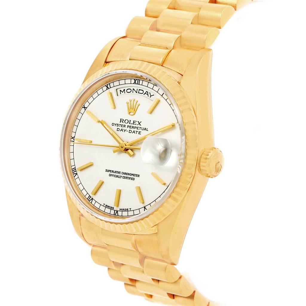 The Rolex President 18238 Men
s Yellow Gold White Dial 18238 Men
s Yellow Gold White Dial model watch is shown at an angle displaying the face, dial, crown, and part of the bracelet.