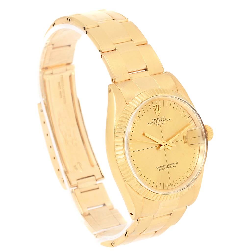 The image shows a side angle of the Rolex President 1503 Men's Yellow Gold Champagne Dial 1503 Men's Yellow Gold Champagne Dial model watch, highlighting its gold case, dial, and bracelet.