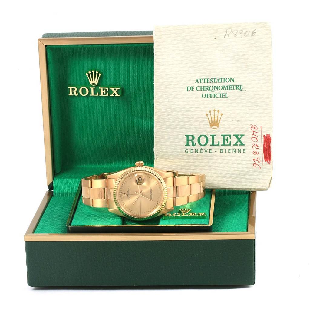 The image shows a Rolex President 1503 Men's Yellow Gold Champagne Dial 1503 Men's Yellow Gold Champagne Dial model watch at a front angle in its open box with official documents.