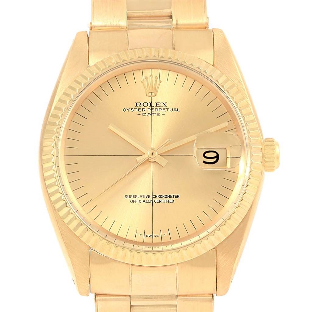 The image shows the front view of a Rolex President 1503 Men's Yellow Gold Champagne Dial 1503 Men's Yellow Gold Champagne Dial model watch, highlighting the dial, hands, date window, and part of the bracelet.