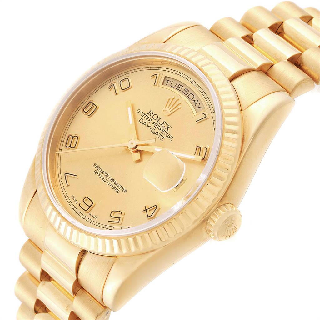 The Rolex President 118238 Men
s Yellow Gold Champagne Dial 118238 Men
s Yellow Gold Champagne Dial model watch is shown at an angle displaying the dial, bezel, crown, and part of the bracelet.