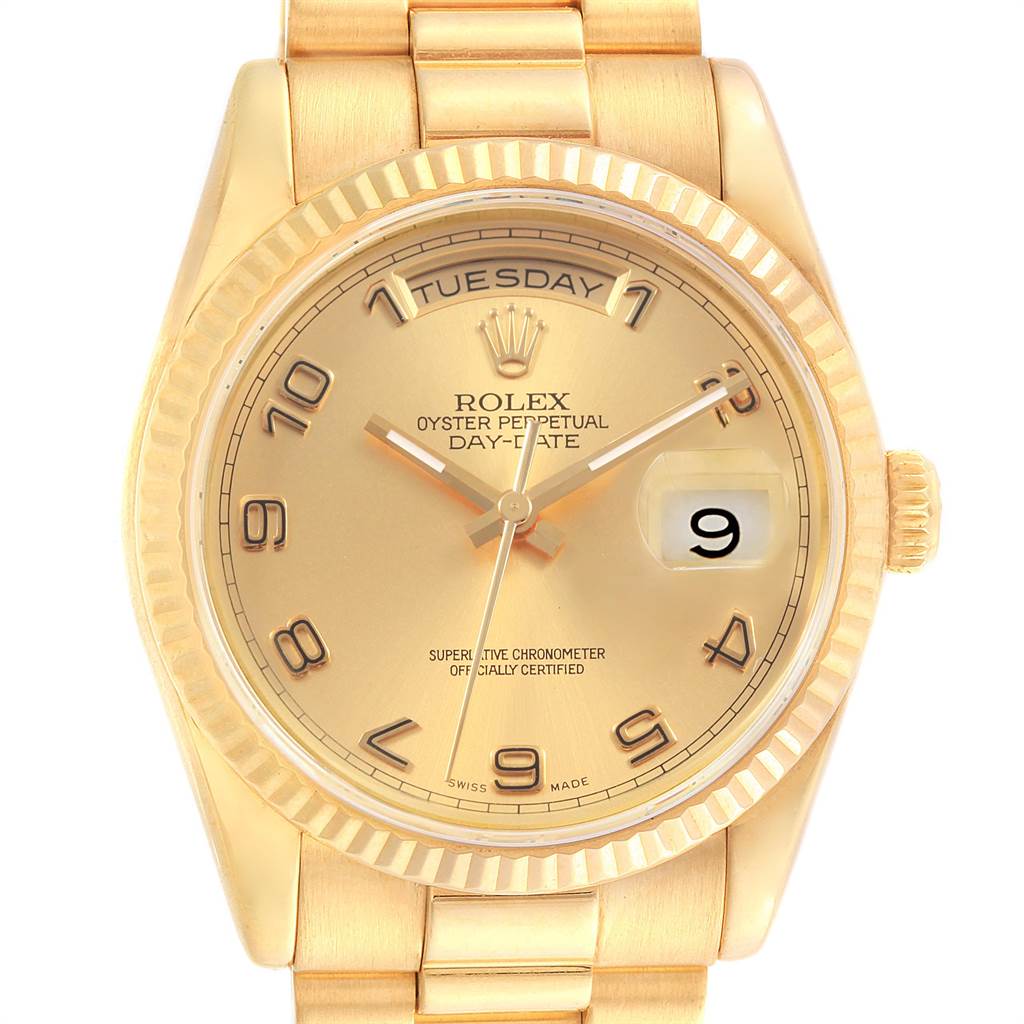 The Rolex President 118238 Men
s Yellow Gold Champagne Dial 118238 Men
s Yellow Gold Champagne Dial model watch is shown from a front angle, displaying the dial, hands, date, and day indicators.