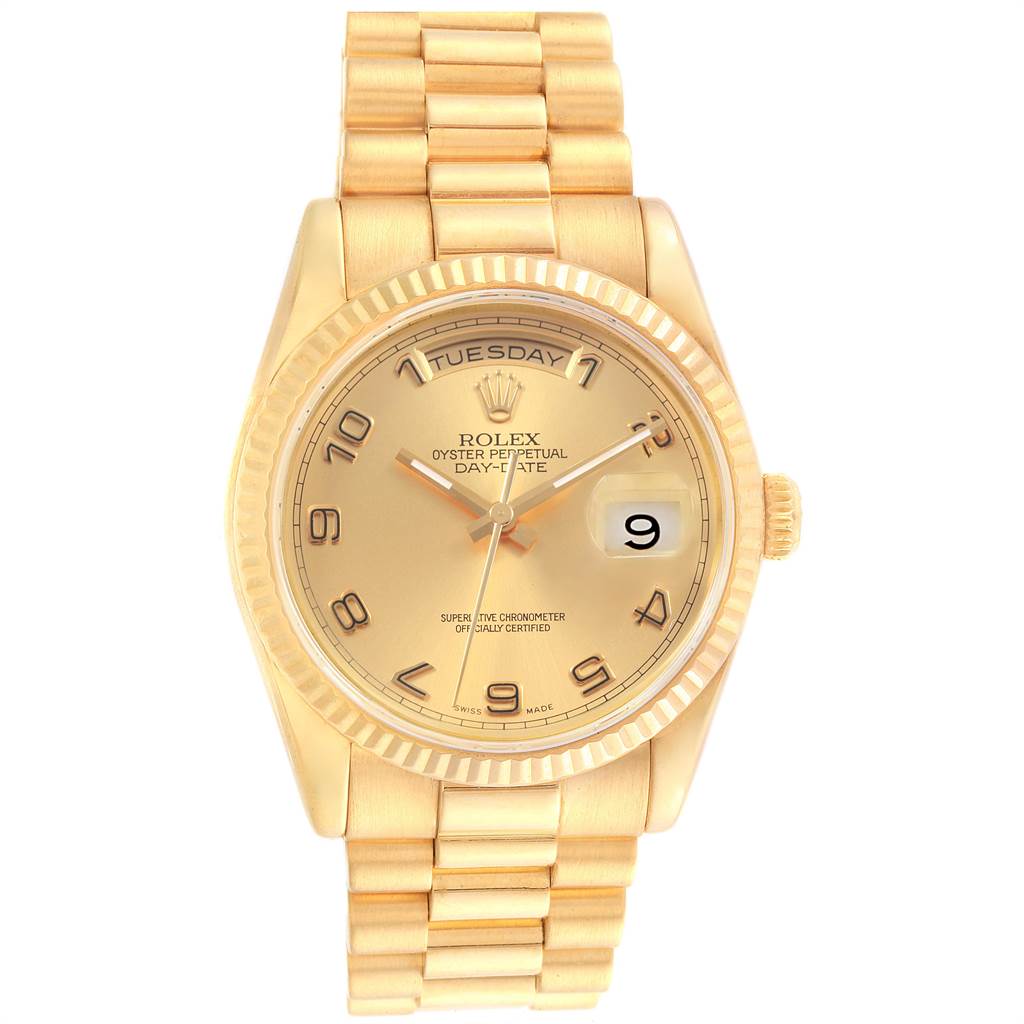 This image shows a Rolex President 118238 Men
s Yellow Gold Champagne Dial 118238 Men
s Yellow Gold Champagne Dial model watch from a front view, displaying the face, bracelet, and crown.