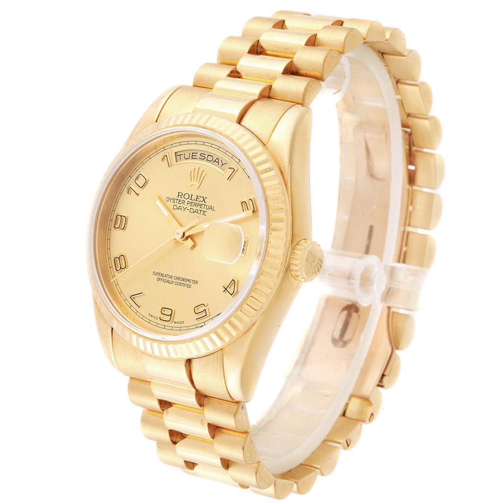 The image shows a Rolex President 118238 Men
s Yellow Gold Champagne Dial 118238 Men
s Yellow Gold Champagne Dial model watch at a slight angle displaying the face, bezel, crown, and bracelet.