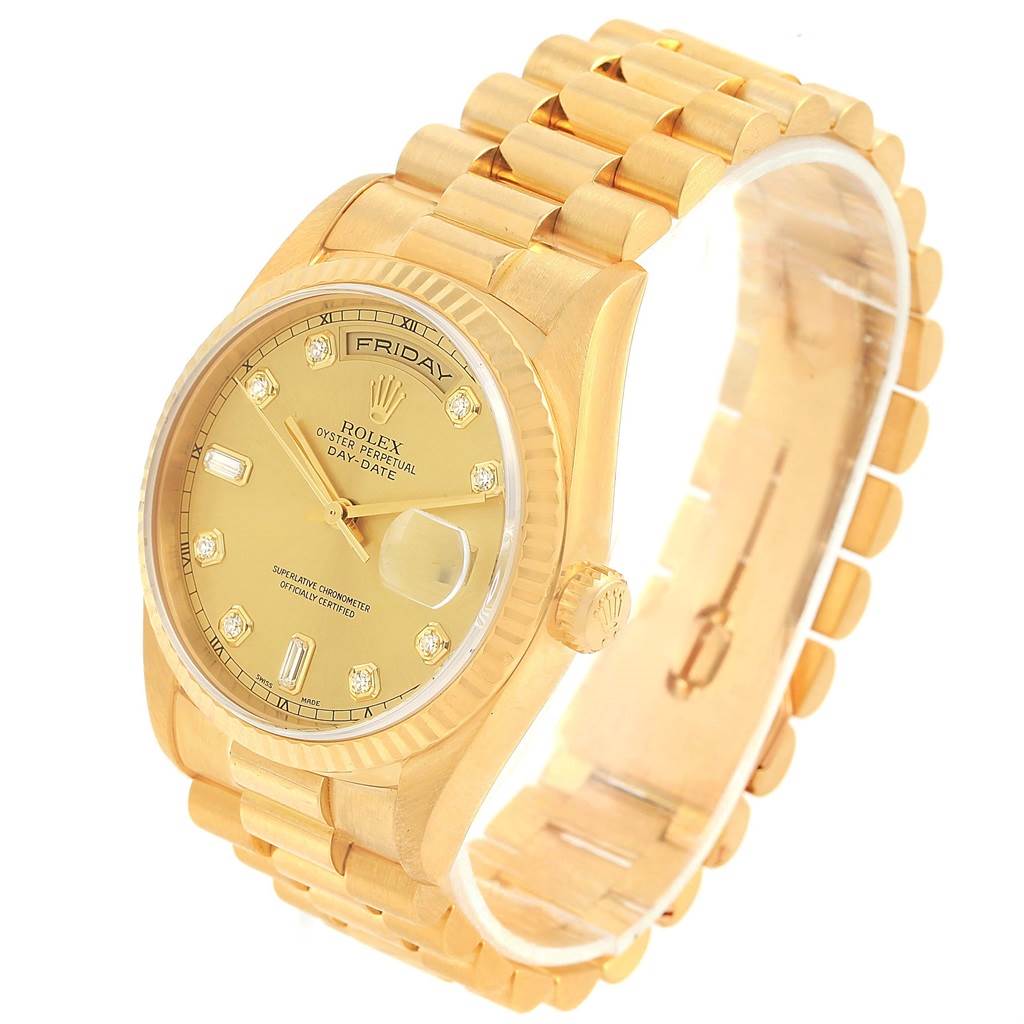 This image shows a Rolex President 118238 Men
s Yellow Gold Champagne Dial 118238 Men
s Yellow Gold Champagne Dial model watch at a slight angle, displaying the dial, day-date feature, and the bracelet.