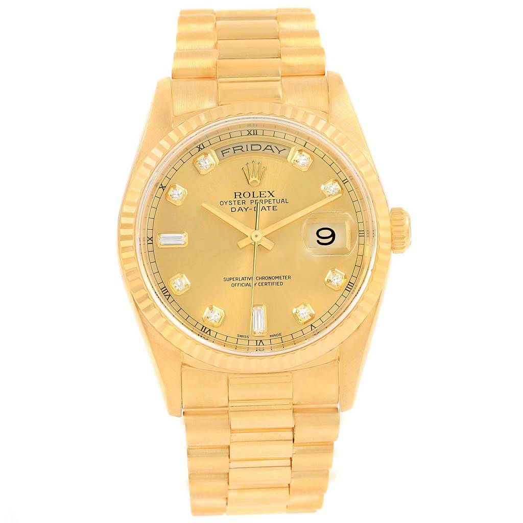 The image shows a frontal view of the Rolex President 118238 Men
s Yellow Gold Champagne Dial 118238 Men
s Yellow Gold Champagne Dial model watch, highlighting its gold band, dial, and bezel.