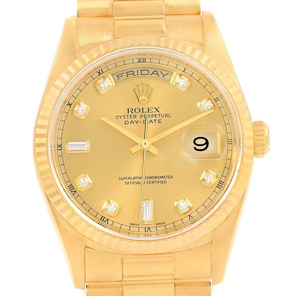 The image shows a frontal view of a Rolex President 118238 Men
s Yellow Gold Champagne Dial 118238 Men
s Yellow Gold Champagne Dial Oyster Perpetual Day-Date watch featuring a gold dial and bracelet.