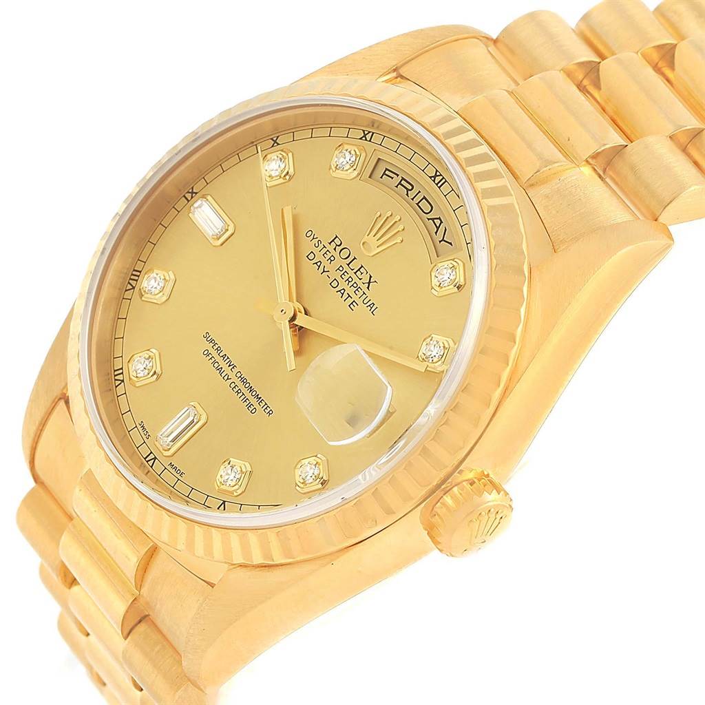 The image shows a Rolex President 118238 Men
s Yellow Gold Champagne Dial 118238 Men
s Yellow Gold Champagne Dial model watch from a slight angle, highlighting the face, crown, and part of the bracelet.