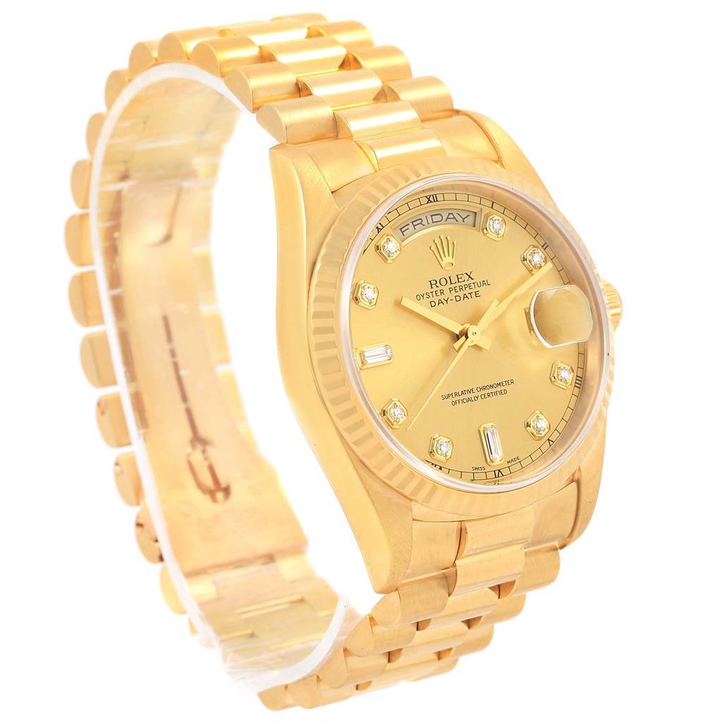 The image shows a Rolex President 118238 Men
s Yellow Gold Champagne Dial 118238 Men
s Yellow Gold Champagne Dial model watch from a front-side angle, highlighting its gold band, dial, and day-date display.