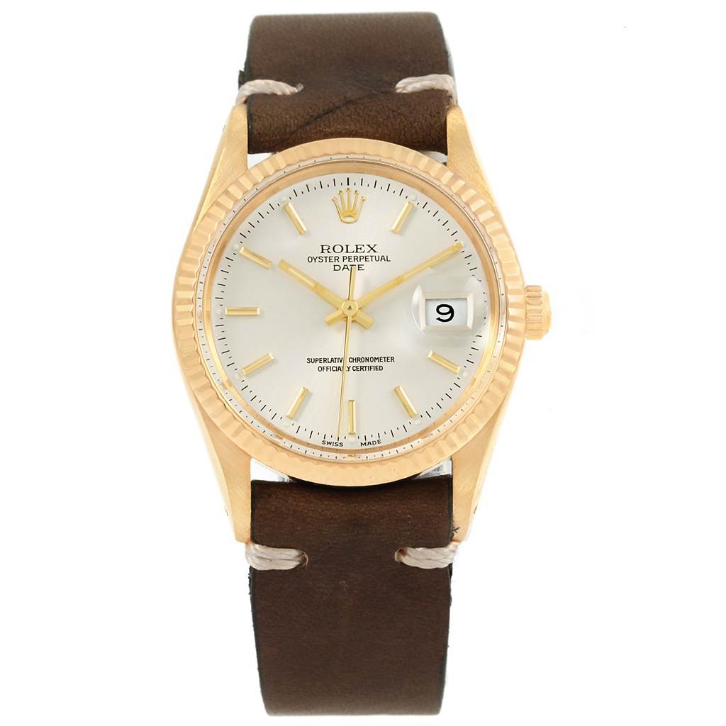 The image shows a front view of a Rolex President 15037 Men
s Yellow Gold Silver Dial 15037 Men
s Yellow Gold Silver Dial model watch, highlighting the dial, bezel, and a brown leather strap.